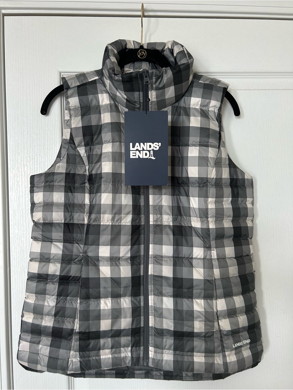 Lands' End Grey Plaid Quilted Vest with Navy Label